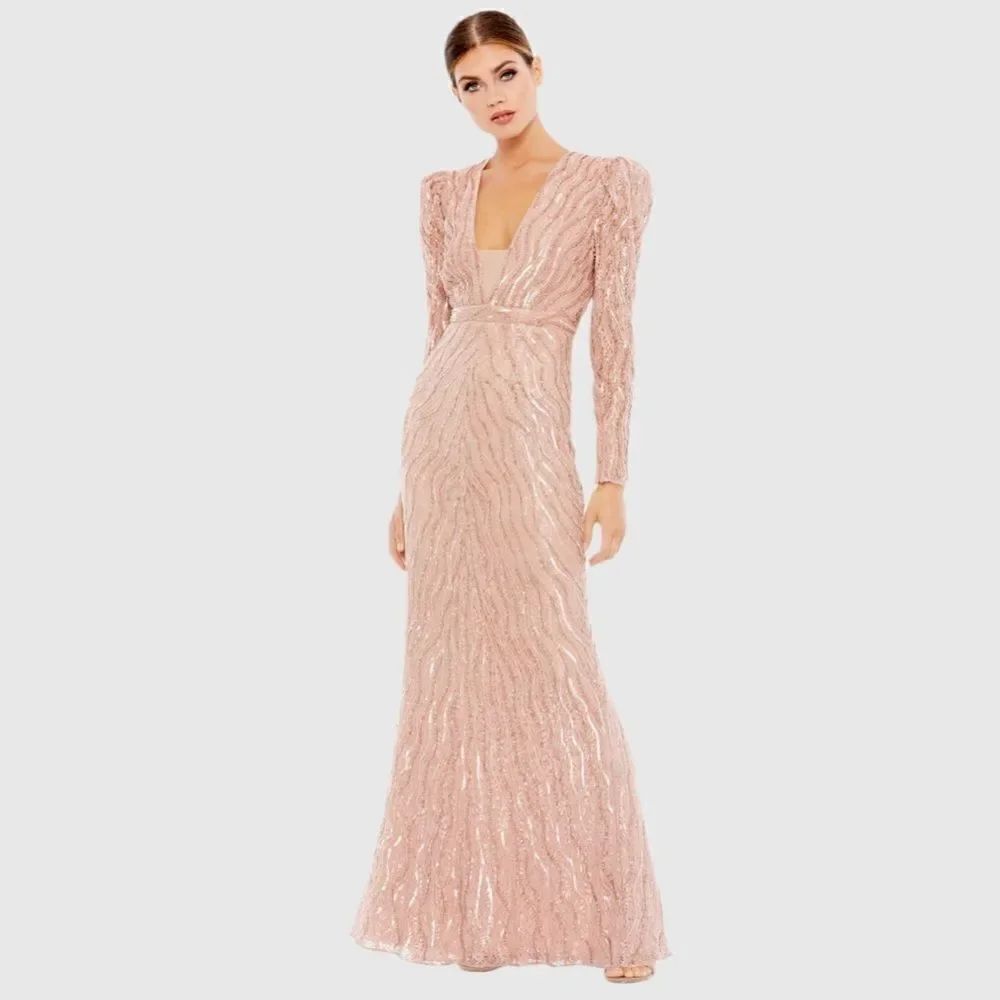 Mac Duggal Pink Size 8 Sequin Beaded Plunge Neck Long Sleeve Trumpet Gown Dress
